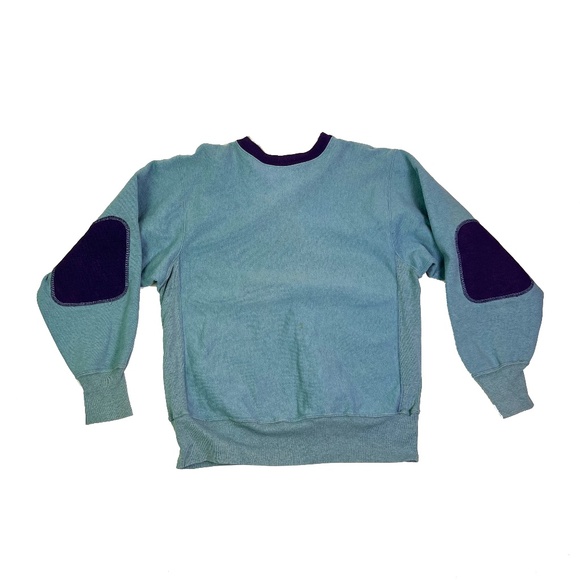 Vintage 90s Champion Reverse Weave Blue & Purple Elbow Patch Sweatshirt - Picture 1 of 4